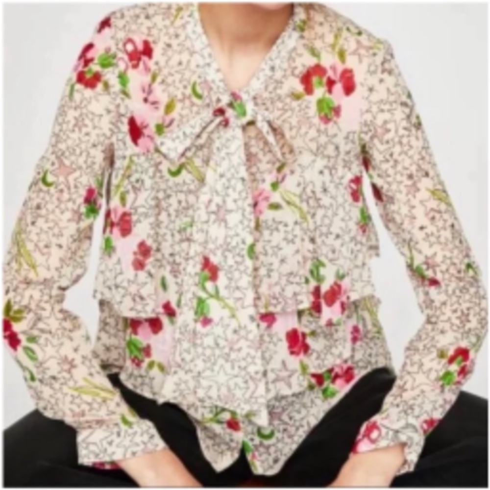 Zara Pink Floral Stars P-Bow Ruffle Blouse Small